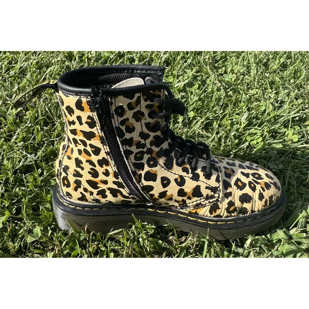Dr. Martens 1460 J Boots Kids Size 2 Beige Leopard Combat Zip Leather Girls Boys